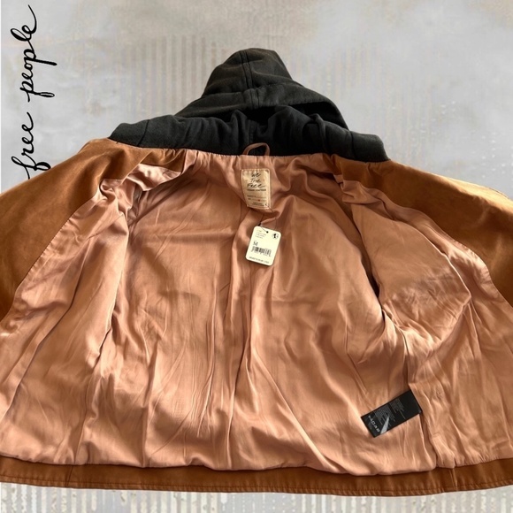 FREE PEOPLE NWT Harriett Moto-Style Brown Vegan Suede, Black Hood Jacket/Md - Picture 13 of 16